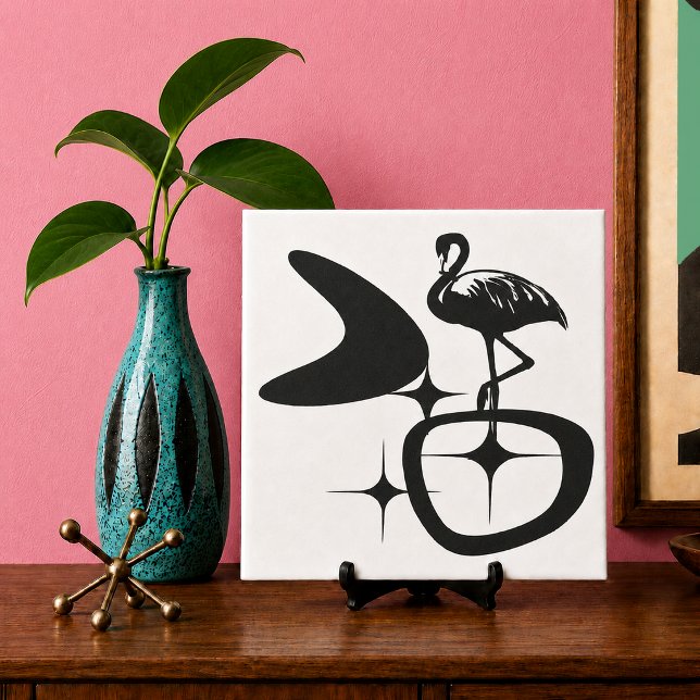 Carreau Flamingo MidCentury Moderne Formes Rétro Atomiques (midcentury modern boomerang and starburst shapes with flamingo silhouette, Palm Springs decor )