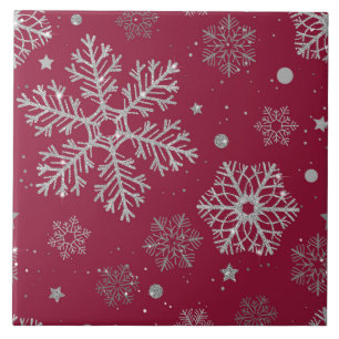 Carreau Flammes de neige en argent sur rouge foncé
