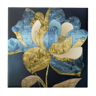 Carreau Fleur Abstraite bleue et or avec pétales texturés