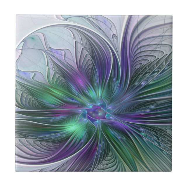 Carreau Fleur Abstraite Moderne Fractale Verte Violette (Devant)
