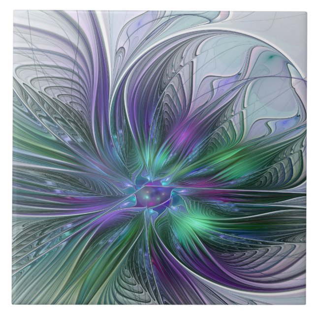 Carreau Fleur Abstraite Moderne Fractale Verte Violette (Devant)