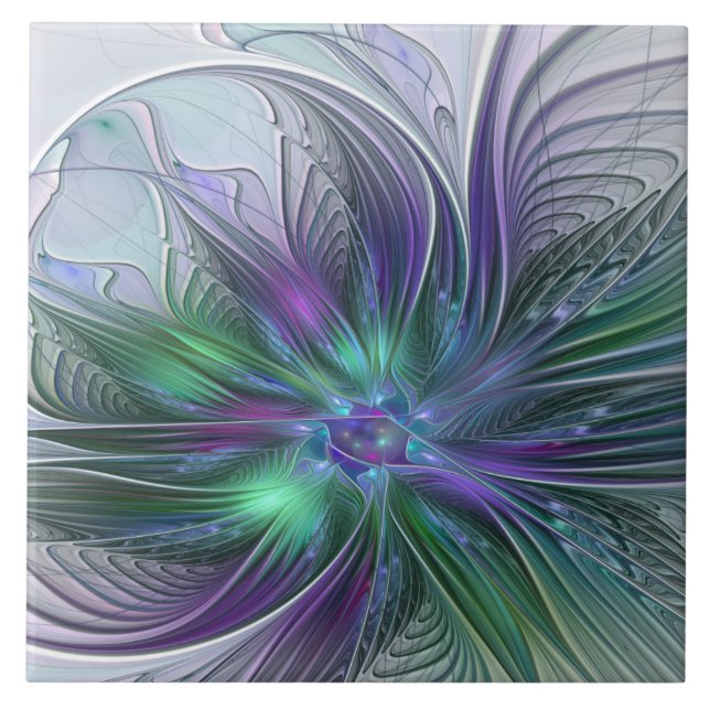 Carreau Fleur Abstraite Moderne Fractale Verte Violette (Devant)