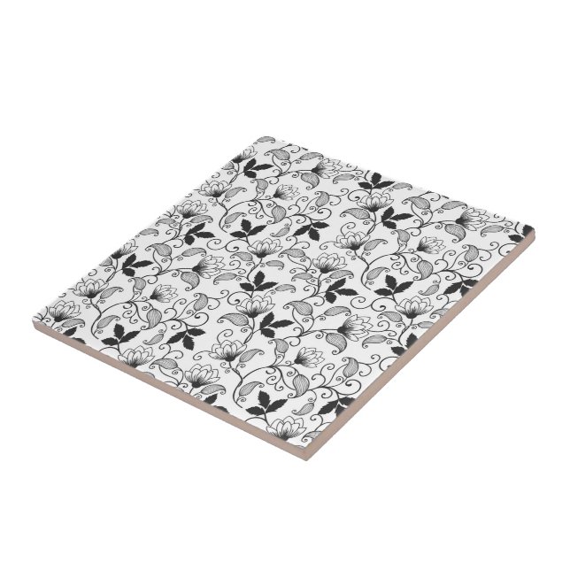 Carreau Fleur abstraite noire sur fond blanc (Côté)
