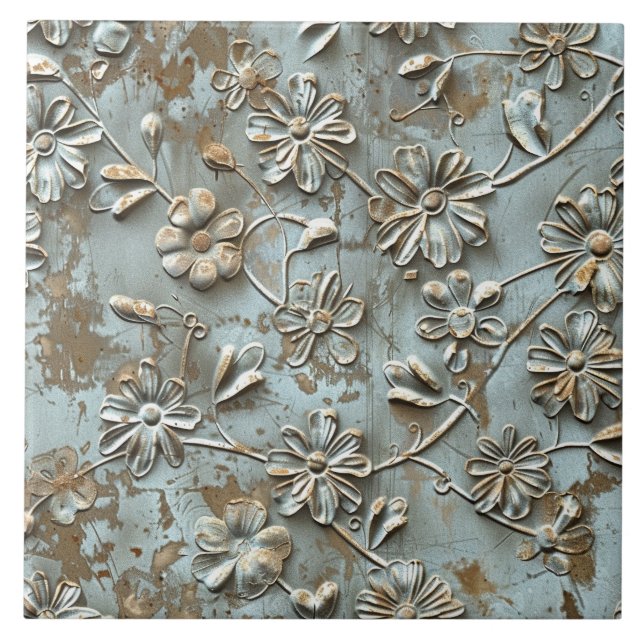 Carreau Fleur Antique en Métal Rouillé (Devant)
