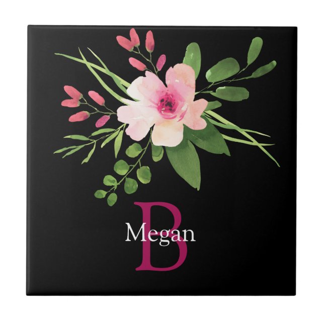 Carreau Fleur aquarelle, nom et monogramme sur fond noir (Devant)