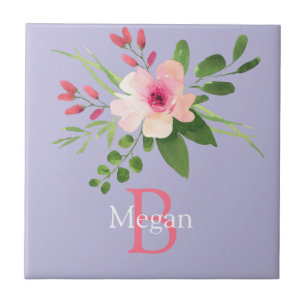 Carreau Fleur aquarelle, nom et monogramme sur lavande