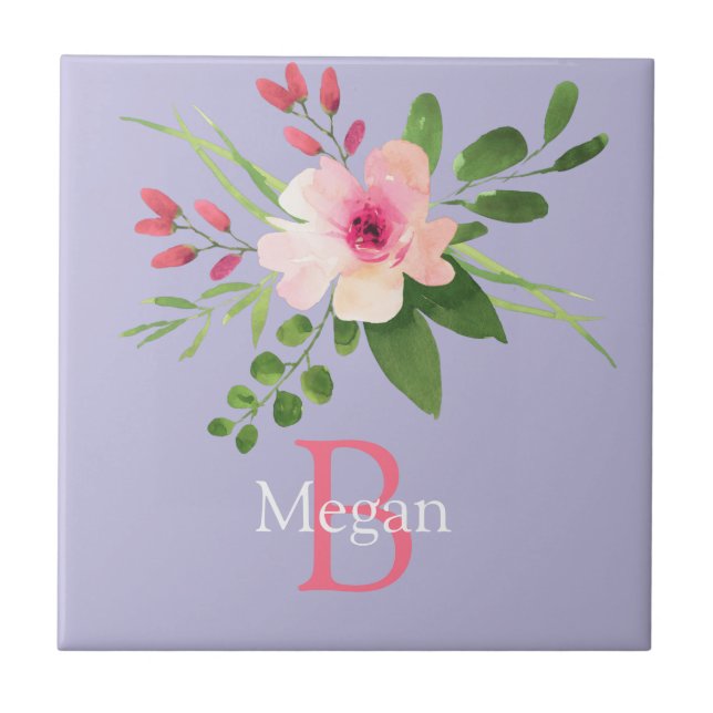 Carreau Fleur aquarelle, nom et monogramme sur lavande (Devant)