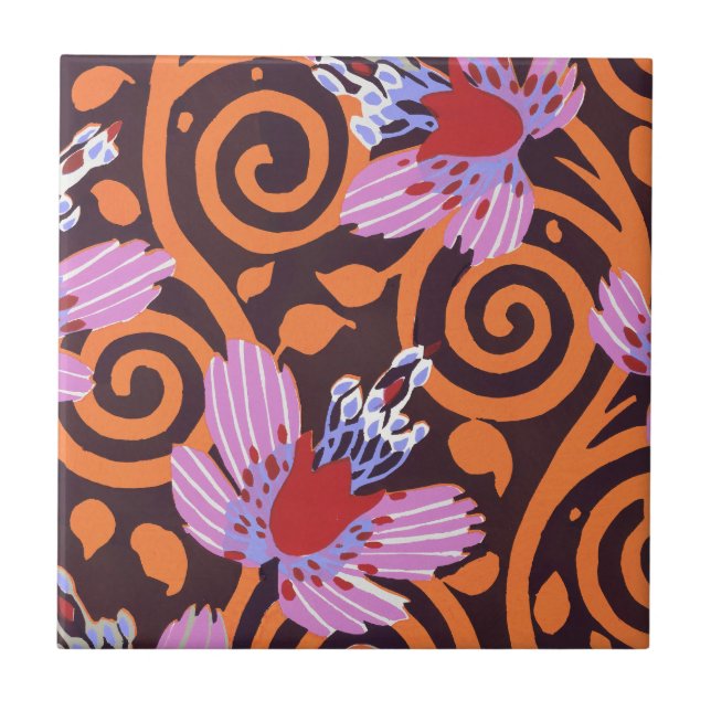 Carreau Fleur Art Déco tourbillonnante rose et orange vibr (Devant)