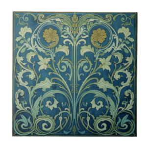 Carreau Fleur Art Nouveau Bleu Et Vert Vintage
