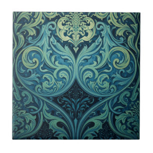 Carreau Fleur Art Nouveau Bleu Et Vert Vintage