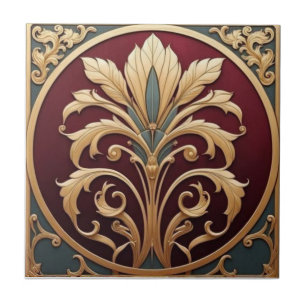 Carreau Fleur Art Nouveau bordeaux et or