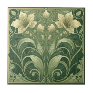Carreau Fleur Art Nouveau Vert Sauge Vintage