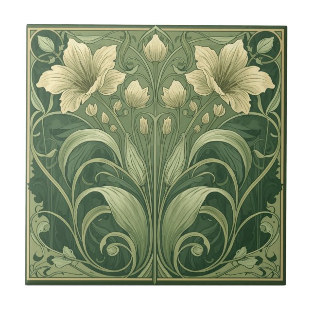 Carreau Fleur Art Nouveau Vert Sauge Vintage  (Devant)