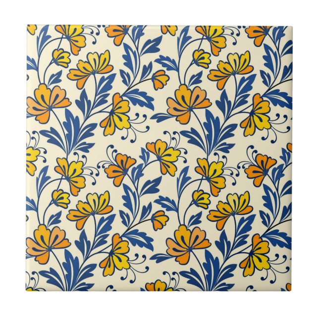 Carreau Fleur Bleue Feuillue de Style Folk Orange Jaune Vi (Devant)