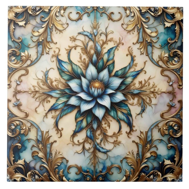 Carreau Fleur bleue, motif de feuilles bleu-vert et or (Devant)