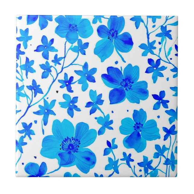 Carreau Fleur botanique en bleu foncé et blanc  (Devant)