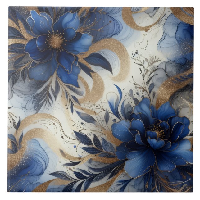 Carreau Fleur d'alcool encre bleue royale et or (Devant)