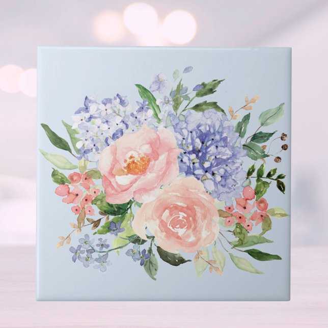 Carreau Fleur d'aquarelle bleue rose hydrangea pivoine flo (Close up)