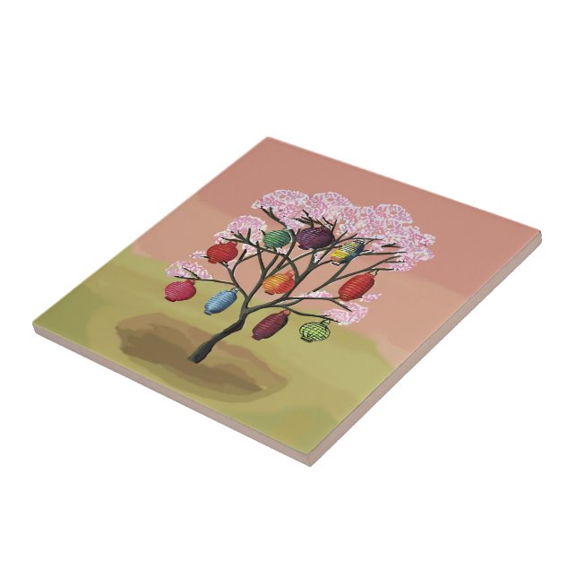 Carreau Fleur de cerisier avec lanternes en papier orienta (Côté)