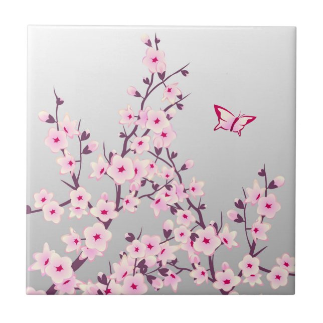 Carreau Fleur de cerisier papillon rose gris (Devant)