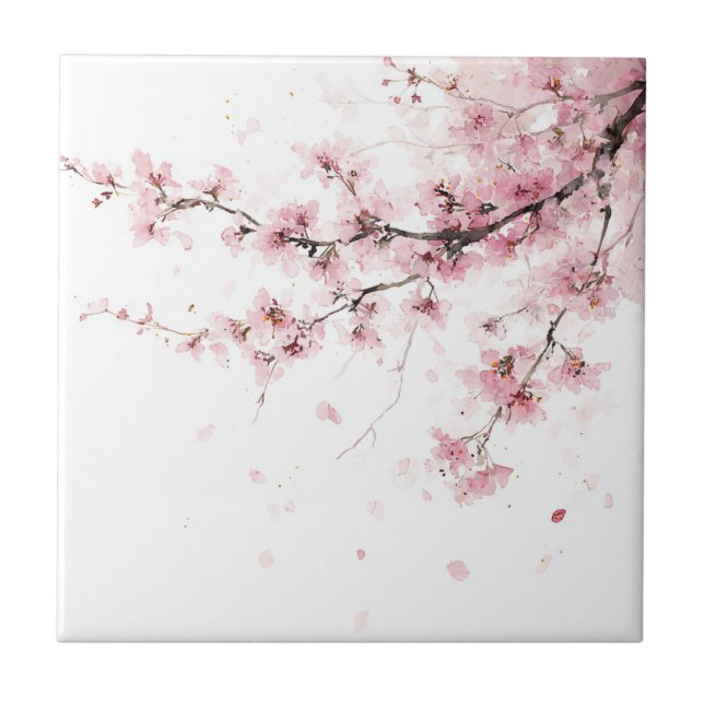 Carreau Fleur de cerisier rose Sakura aquarelle florale (Devant)