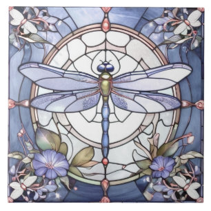 Carreau Fleur de dragonfly Blue et White Staint Glass