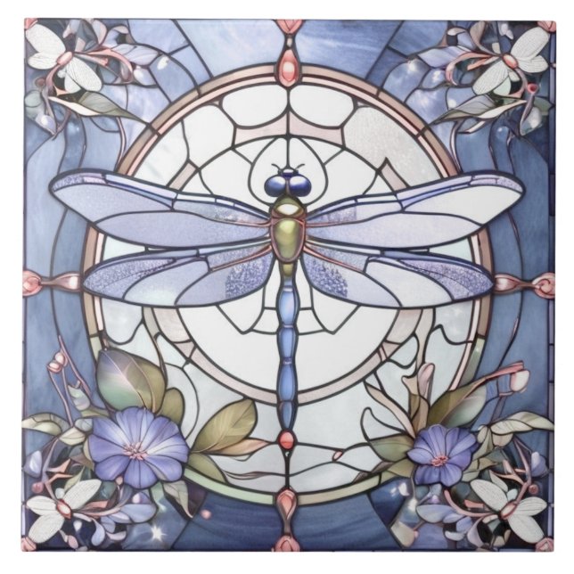 Carreau Fleur de dragonfly Blue et White Staint Glass (Devant)