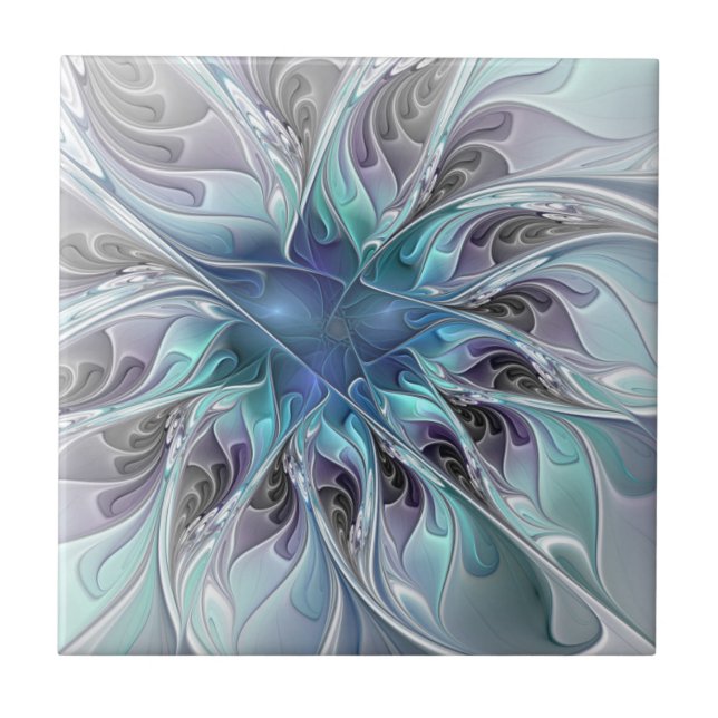 Carreau Fleur de fractale moderne abstraite avec du bleu (Devant)