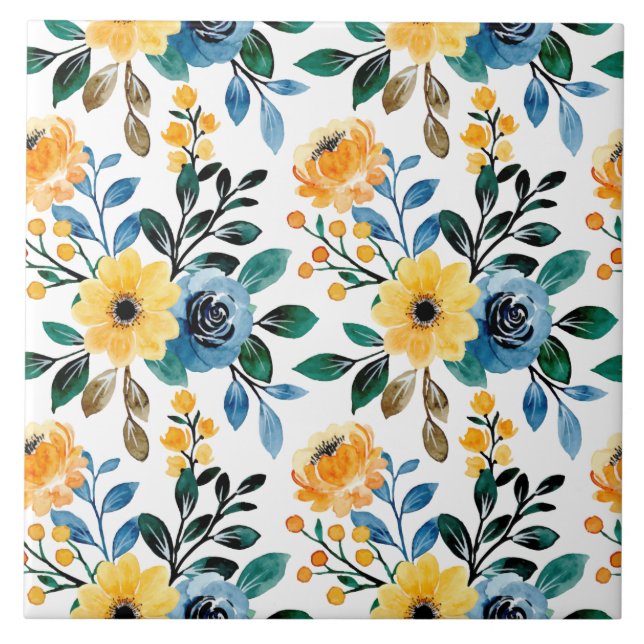 Carreau Fleur de jardin motif bleu jaune  (Devant)