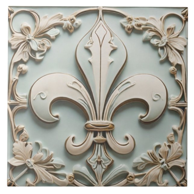 Carreau Fleur de Lis Antique Pastel Lumière Mint Faux Reli (Devant)