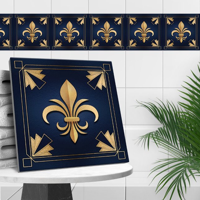 Carreau Fleur-De-Lis - Art Déco - Bleu et or (Créateur téléchargé)