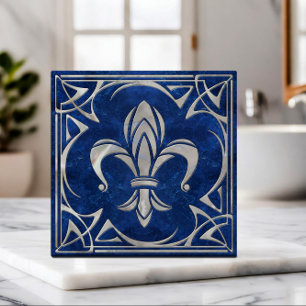 Carreau Fleur-De-Lis - Art Nouveau - Marbre bleu et perle