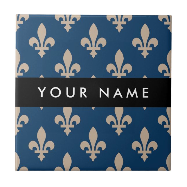 Carreau Fleur de Lis, Beige on Navy Blue, Royal, Your Name (Devant)