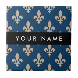 Carreau Fleur de Lis, Beige sur Bleu Nuit, Royal, Votre No