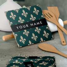 Fleur de Lis, Beige sur Vert, Royal, Votre Nom