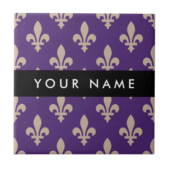 Carreau Fleur de Lis, Beige sur Violet, Royal, Votre Nom (Devant)