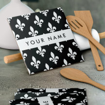 Fleur de Lis, Blanc sur Noir, Blanc, Votre Nom