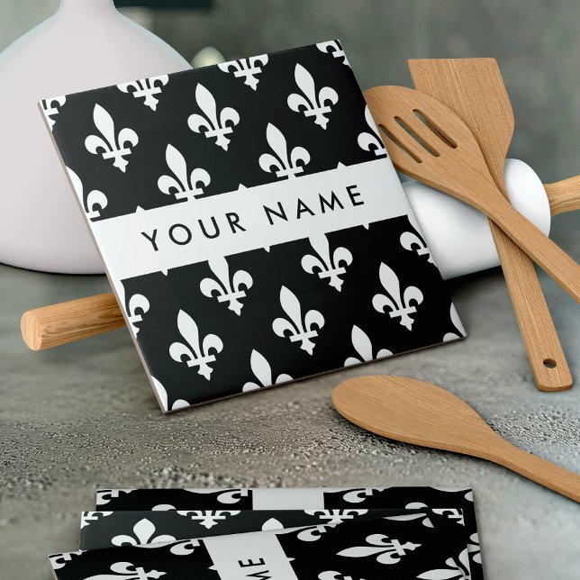 Carreau Fleur de Lis, Blanc sur Noir, Blanc, Votre Nom (Créateur téléchargé)