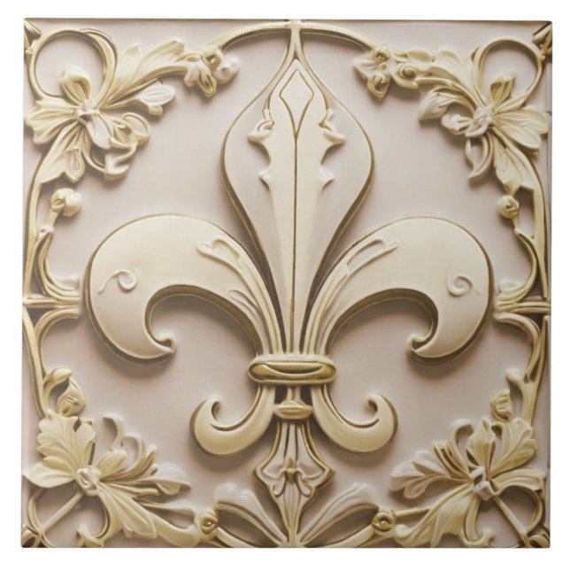 Carreau Fleur de Lis Crème Antique Or Beige Faux Relief (Devant)