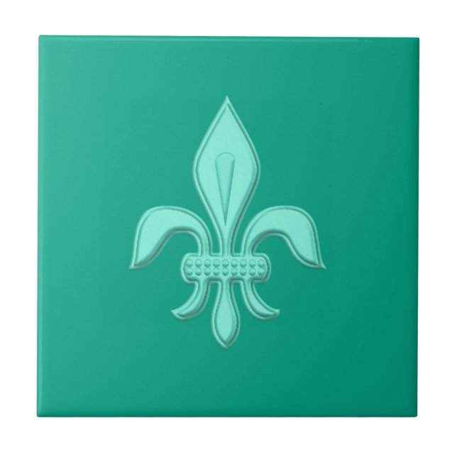 Carreau Fleur de Lis en Aqua Lumière sur Turquoise (Devant)