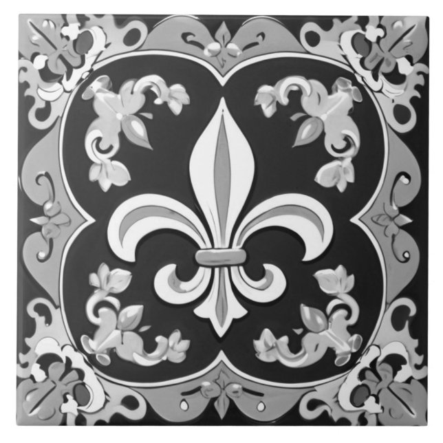 Carreau Fleur de Lis en céramique noir et blanc (Devant)