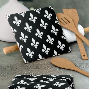 Carreau Fleur de Lis Motif, Royal French, Blanc sur Noir
