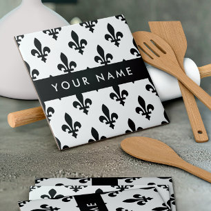Carreau Fleur de Lis, Noir sur Blanc, Noir, Votre Nom