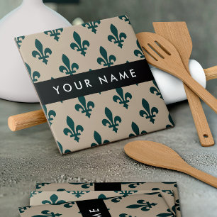 Carreau Fleur de Lis, Vert sur Beige, Royal, Votre Nom