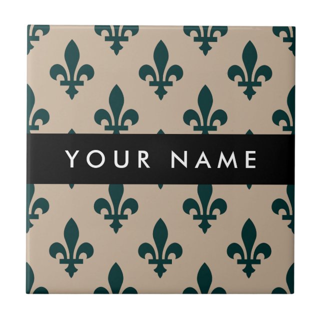 Carreau Fleur de Lis, Vert sur Beige, Royal, Votre Nom (Devant)