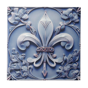 Carreau Fleur de Lis Vintage Antique Bleu Faux