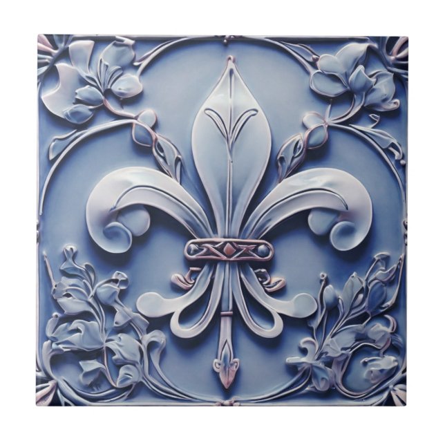 Carreau Fleur de Lis Vintage Antique Bleu Faux (Devant)