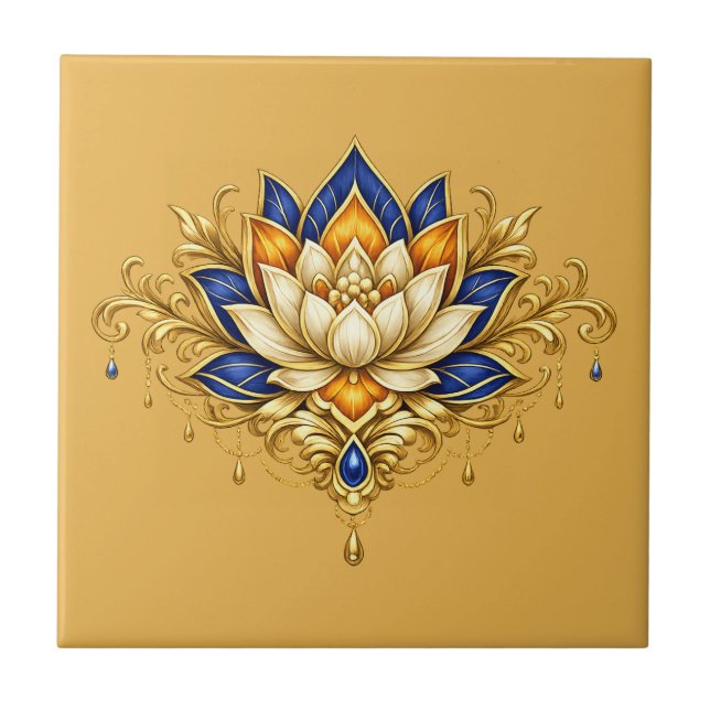 Carreau Fleur de lotus bleue or florale botanique murale (Devant)