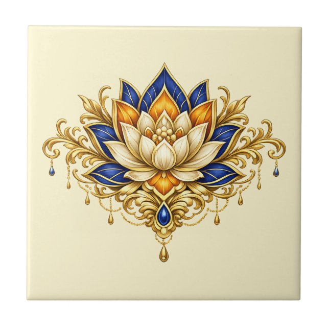 Carreau Fleur de lotus bleue or florale indienne murale (Devant)