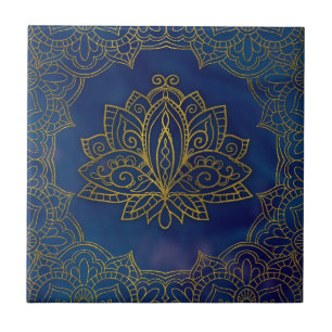 Carreau Fleur de Lotus élégante d'or sur le bleu